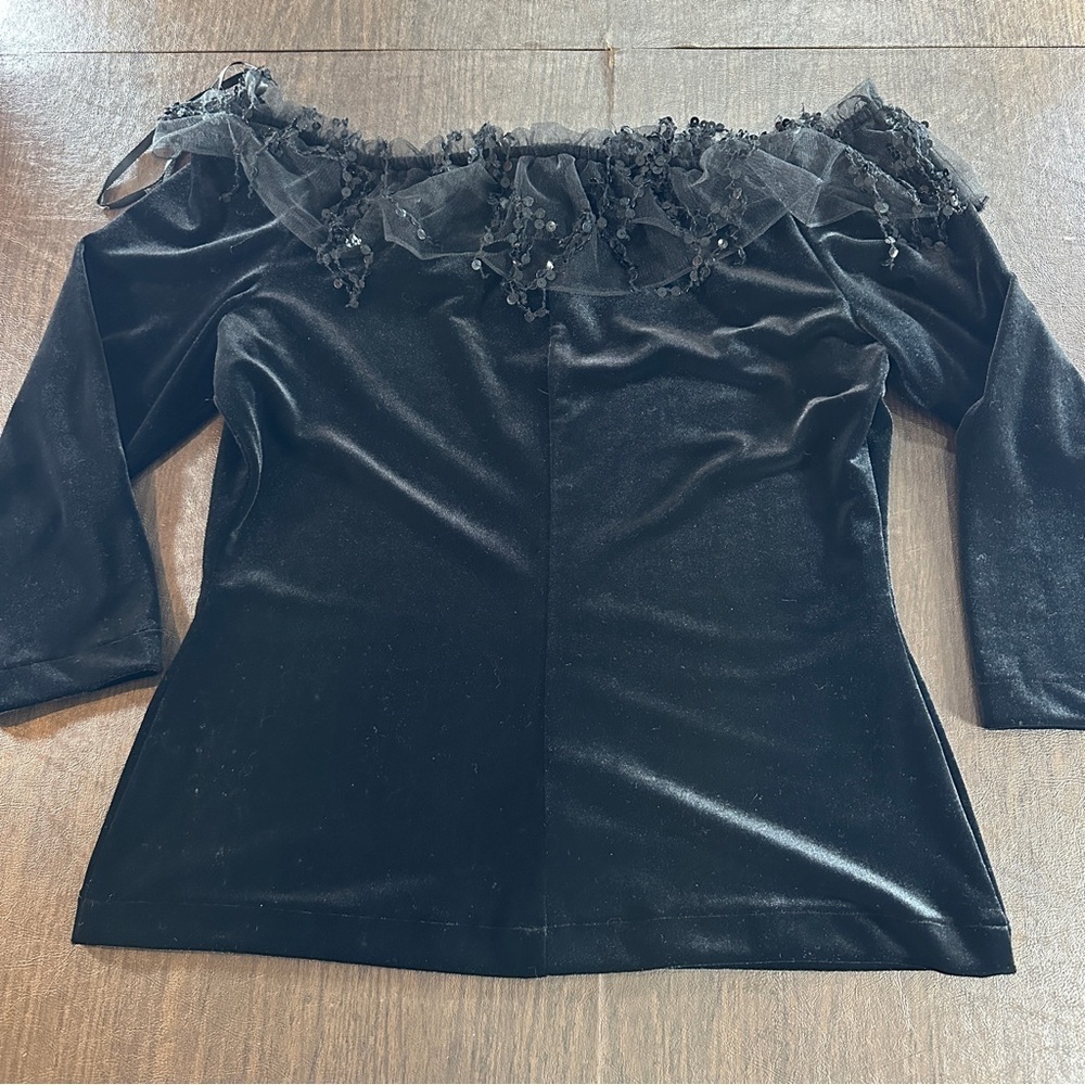 Cachet Black Velvet Off-Shoulder Blouse with Lace And Sequin Collar. Sz XL - Picture 6 of 9